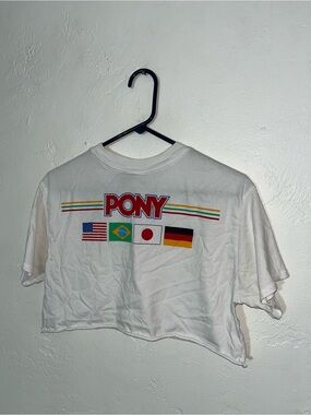 PONY White Crop Tee w Flag Graphics T-colorful logo F21 Collab Women’s Medium